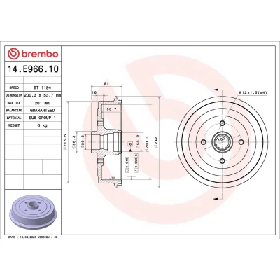 Billede af BREMBO 14.E966.10 Bremsetromler uden hjullejesæt 200,3mm