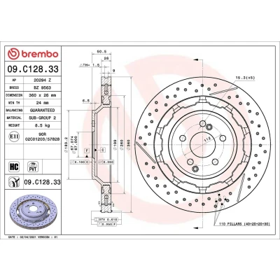 Billede af BREMBO 09.C128.33 Bremseskiver 360 26 5 indvendigt ventileret, slidset/perforeret, todelt bremseskive coatet højkarboniseret