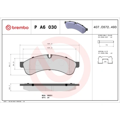 Billede af BREMBO P A6 030 Bremseklodser Forberedt til slidindikator med bremsecaliperskruer tilbehør IVECO: DAILY 6 , 4 Kasten/Kombi