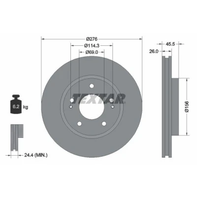 Billede af TEXTAR PRO 92198203 Bremseskiver 276 26 05/07 114,3 indvendigt ventileret coatet uden hjulbolte, hjulnav MITSUBISHI: Lancer 7, Outlander I SUV