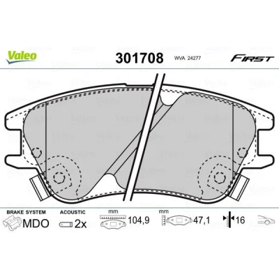 Billede af VALEO 301708 Bremseklodser FIRST foraksel Inkl. slidadvarselskontakt uden anti knirke plade HYUNDAI: Atos
