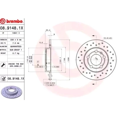 Billede af BREMBO XTRA LINE 08.9148.1X Bremseskiver 239 9 5 fuldstændigt, hullet coatet med skruer VOLKSWAGEN: Golf 4, Bora Sedan, 4 Variant, AUDI: TT Coupe