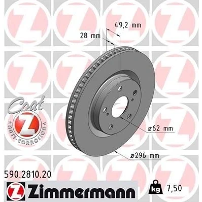 Billede af ZIMMERMANN COAT Z 590.2810.20 Bremseskiver 296 28 7/5 5 114 indvendigt ventileret coatet TOYOTA: RAV4 III SUV, IV Auris Stationcar