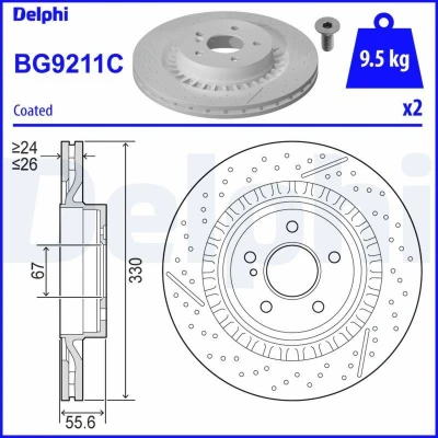 Billede af DELPHI BG9211C Bremseskiver 330 26 5 ventileret coatet højkarboniseret uden hjullejer, ABS sensorring MERCEDES BENZ: C klasse T modell