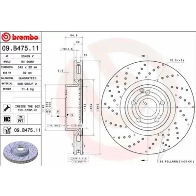 Billede af BREMBO COATED DISC LINE 09.B475.11 Bremseskiver 342 32 5 perforeret/indv. ventileret coatet højkarboniseret med skruer