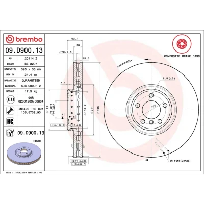 Billede af BREMBO 09.D900.13 Bremseskiver 395 36 5 indvendigt ventileret, todelt bremseskive coatet højkarboniseret med skruer BMW: X5, X6