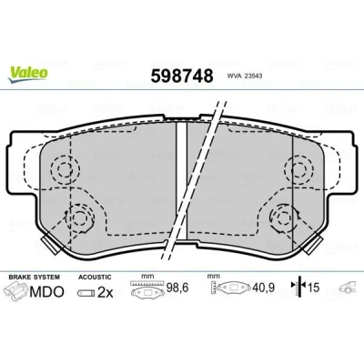 Billede af VALEO 598748 Bremseklodser bagaksel Inkl. slidadvarselskontakt med anti knirke plade HYUNDAI: Getz, Sonata V, Matrix, KIA: Magentis II, CARENS 3
