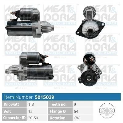 Billede af MEAT &amp; DORIA 5015029 Starter 12V 1,3kW 9 30 50 64mm FIAT: Grande Punto Hatchback, 500 Panda II OPEL: Corsa D Hatchback