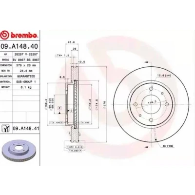 Billede af BREMBO COATED DISC LINE 09.A148.41 Bremseskiver 276 26 4 indvendigt ventileret coatet MITSUBISHI: Galant 6, Lancer 7, 6