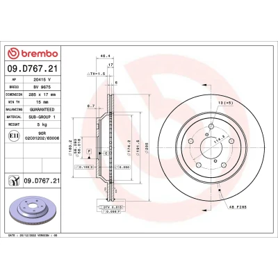 Billede af BREMBO 09.D767.21 Bremseskiver 285 17 5 indvendigt ventileret coatet med skruer SUBARU: Forester V
