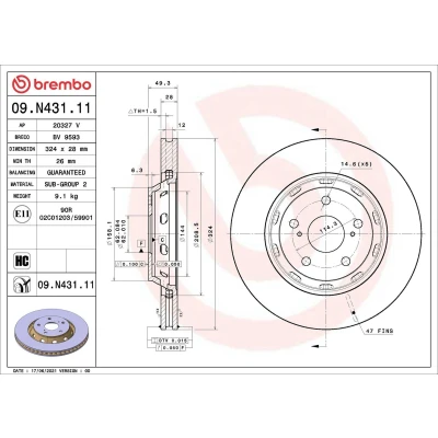 Billede af BREMBO 09.N431.11 Bremseskiver 324 28 5 indvendigt ventileret coatet højkarboniseret