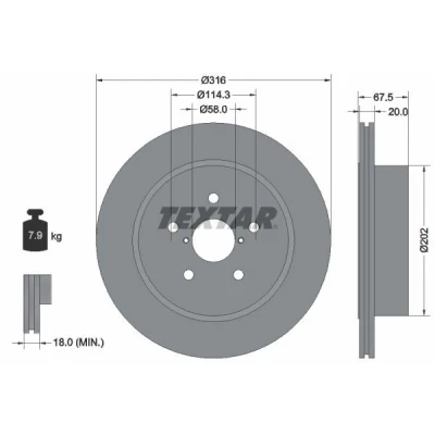 Billede af TEXTAR PRO 92227803 Bremseskiver 316 20 05/07 114,3 indvendigt ventileret coatet uden hjulbolte, hjulnav SUBARU: Impreza II Sedan