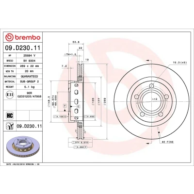 Billede af BREMBO 09.D230.11 Bremseskiver 269 22 5 indvendigt ventileret coatet højkarboniseret VOLKSWAGEN: Passat B5 GP Sedan, Variant