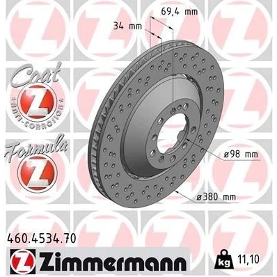 Billede af ZIMMERMANN 460.4534.70 Bremseskiver 380 34 7/5 5 130 ventileret, hullet, todelt bremseskive coatet legeret