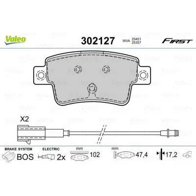 Billede af VALEO 302127 Bremseklodser FIRST bagaksel Inkl. slidadvarselskontakt med anti knirke plade FIAT: Grande Punto Hatchback, Evo Hatchback