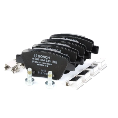 Billede af BOSCH 0 986 494 643 Bremseklodser Low Metallic med anti knirke plade, skruer fjeder, tilbehør VOLKSWAGEN: Eos, Golf 6, Jetta 4