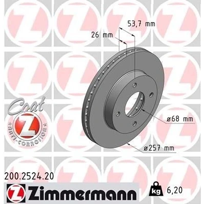 Billede af ZIMMERMANN COAT Z 200.2524.20 Bremseskiver 257 26 4/4 4 114 indvendigt ventileret coatet NISSAN: NV200 / Evalia Bus, Van Stationcar