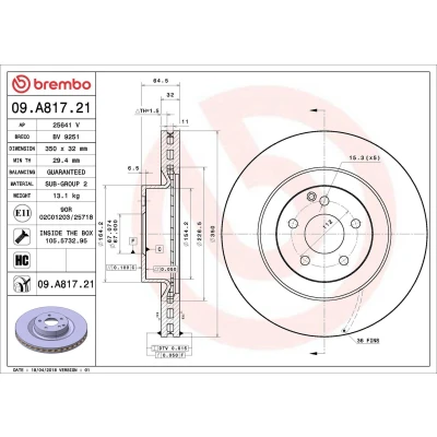 Billede af BREMBO COATED DISC LINE 09.A817.21 Bremseskiver 350 32 5 indvendigt ventileret coatet højkarboniseret med skruer MERCEDES BENZ: E klasse Sedan