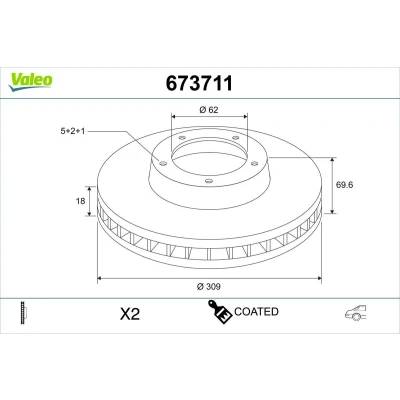 Billede af VALEO Bremseskive bagaksel 309mm 18mm 5 hul ventileret 673711 Bremseskiver, Skivebremser