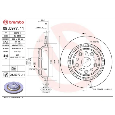 Billede af BREMBO 09.D977.11 Bremseskiver 335 25 5 indvendigt ventileret coatet