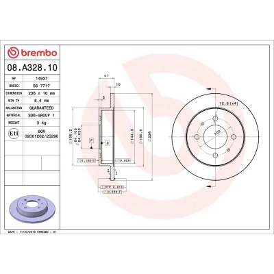 Billede af BREMBO 08.A328.10 Bremseskiver 236 10 4 fuldstændigt MITSUBISHI: Carisma Hatchback, Sedan