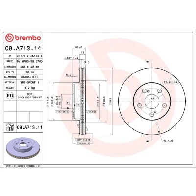 Billede af BREMBO COATED DISC LINE 09.A713.11 Bremseskiver 255 22 5 indvendigt ventileret coatet TOYOTA: Prius II Liftback