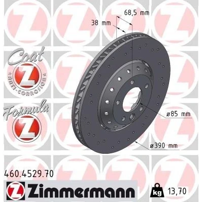 Billede af ZIMMERMANN 460.4529.70 Bremseskiver 390 38 6/5 5 130 ventileret, hullet, todelt bremseskive coatet legeret PORSCHE: Cayenne