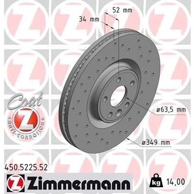 Billede af ZIMMERMANN 450.5225.52 Bremseskiver 349 34 6/5 5 108 indvendigt ventileret, hullet coatet højkarboniseret LAND ROVER: Range Rover Evoque