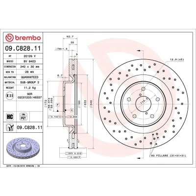 Billede af BREMBO 09.C828.11 Bremseskiver 340 30 5 perforeret/indv. ventileret coatet højkarboniseret SUBARU: WRX Sedan