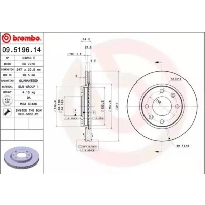 Billede af BREMBO COATED DISC LINE 09.5196.11 Bremseskiver 247 20,4 4 indvendigt ventileret coatet med skruer PEUGEOT: 206 Hatchback, 206+ Hatchback