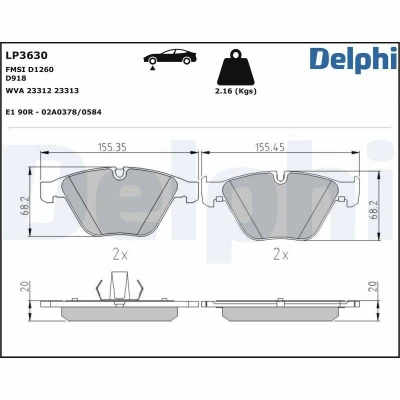 Billede af DELPHI LP3630 Bremseklodser Forberedt til slidindikator med anti knirke plade uden tilbehør BMW: 5 Touring, 3 Sedan