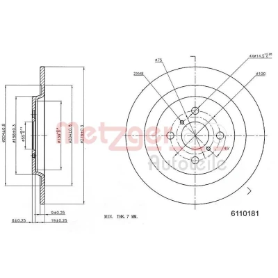 Billede af METZGER 6110181 Bremseskiver bagaksel 278 9 4 100 fuldstændigt lakeret, Krydsslebet TOYOTA: Yaris III Hatchback, II Hatchback