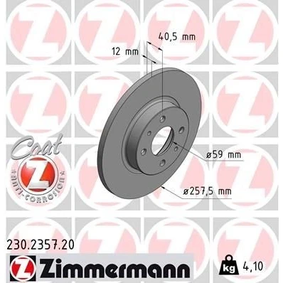 Billede af ZIMMERMANN COAT Z 230.2357.20 Bremseskiver 257 12 6/4 4 98 fuldstændigt coatet FIAT: 500 Hatchback, C Cabriolet, Punto II Hatchback