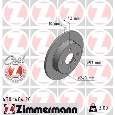 Billede af ZIMMERMANN COAT Z 430.1484.20 Bremseskiver 240 10 5/4 4 100 fuldstændigt coatet højkarboniseret OPEL: Astra H Caravan, Hatchback, Meriva A