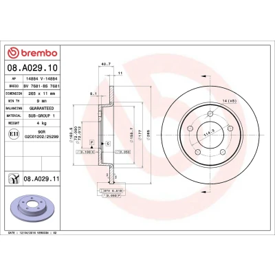 Billede af BREMBO 08.A029.10 Bremseskiver 265 11 5 fuldstændigt MAZDA: 5, 3 Hatchback, Sedan