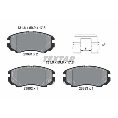 Billede af TEXTAR 2389105 Bremseklodser med akustisk advarsel for slid HYUNDAI: SONATA V, Tucson, 4, KIA: Magentis II, Sportage I