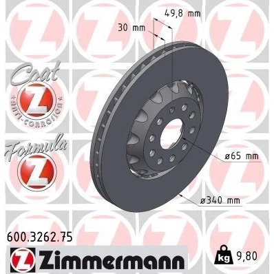 Billede af ZIMMERMANN bremseskive VOLKSWAGEN: T Roc 340mm 30mm 10/5 5 hul 112mm indvendigt ventileret, todelt coatet legeret 600.3262.75 Bremseskiver