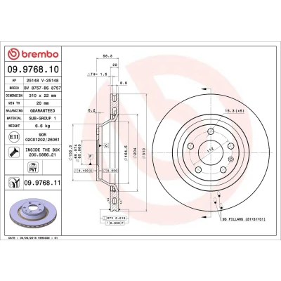 Billede af BREMBO COATED DISC LINE 09.9768.11 Bremseskiver 310 22 5 indvendigt ventileret coatet med skruer AUDI: TT Coupe