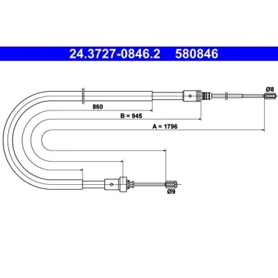Billede af ATE 24.3727 0846.2 Håndbremsekabel 1796 PEUGEOT: 208 I Hatchback, 207 SW, Hatchback