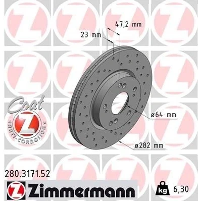 Billede af ZIMMERMANN SPORT COAT Z 280.3171.52 Bremseskiver 282 23 9/5 5 114 indvendigt ventileret, hullet coatet HONDA: CIVIC 8 Hatchback, FR V