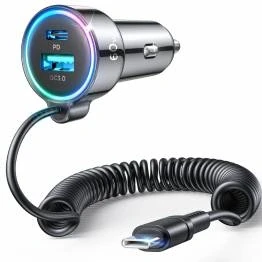 Billede af Joyroom 3 i 1 biloplader USB, USB C og kablet stik 55W