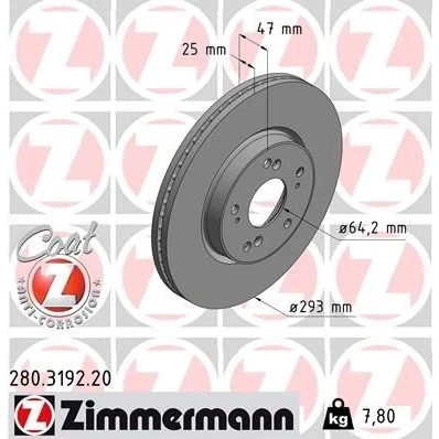 Billede af ZIMMERMANN 280.3192.20 Bremseskiver 293 25 9/5 5 114 indvendigt ventileret coatet HONDA: HR V II