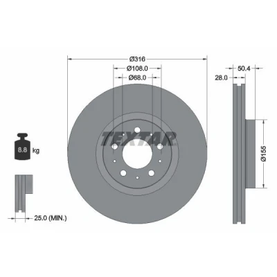 Billede af TEXTAR PRO 92126603 Bremseskiver 316 28 05/10 108 udvendig ventileret coatet uden hjulbolte, hjulnav VOLVO: S60 I, XC90 I