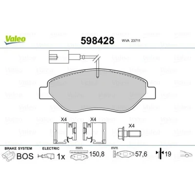 Billede af VALEO 598428 Bremseklodser foraksel Inkl. slidadvarselskontakt med anti knirke plade glideskinner ALFA ROMEO: MiTo, FIAT: BRAVO 2, Stilo Hatchback