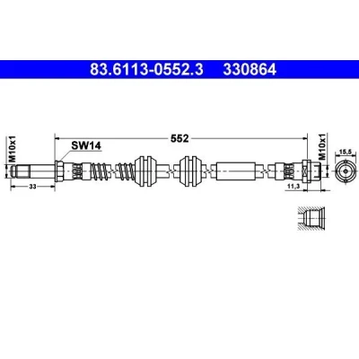 Billede af ATE 83.6113 0552.3 Bremseslange 552 M10x1 VOLKSWAGEN: Multivan 5 (7HM, Transporter