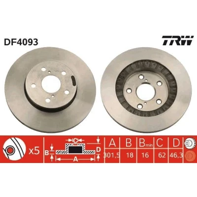Billede af TRW DF4093 Bremseskiver 301,5 17,9 5 114 ventileret lakeret TOYOTA: RAV4 I SUV Cabriolet