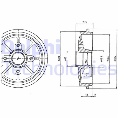 Billede af DELPHI BF484 Bremsetromler uden ABS sensorring, hjullejer 245 PEUGEOT: 206+ Hatchback, 206 SW, CITROËN: C3 I Hatchback
