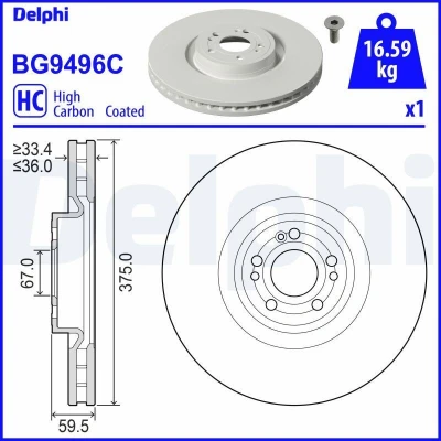 Billede af DELPHI Bremseskive 36mm 5 ventileret coatet højkarboniseret BG9496C 1674210901,167421090107 Bremseskiver, Skivebremser