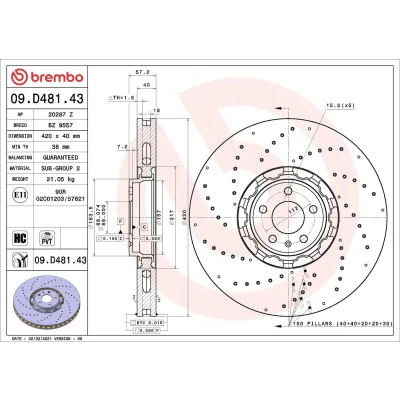 Billede af BREMBO 09.D481.43 Bremseskiver 420 40 5 perforeret/indv. ventileret, todelt bremseskive coatet højkarboniseret AUDI: A6 C8 Avant