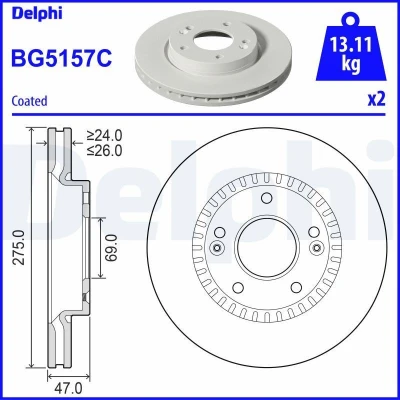 Billede af DELPHI BG5157C Bremseskiver 275 26 5 ventileret coatet ubehandlet uden hjullejer, ABS sensorring